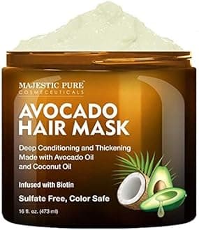 MAJESTIC PURE Avocado and Coconut Hair Mask for Dry Damaged Hair - Infused with Biotin - Deep Conditioning, Hair Thickening, for Healthy Hydrated Hair, Sulfate Free, 16 fl oz