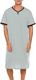 Generic Nightgown for Men Short Sleeve V Neck Nightshirt Loose Fit Solid Color Sleep Shirts Comfy Soft Lightweight Nightwear 2024 Gray, X-Large