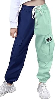 SANGTREE Girls & Womens Cargo Pants Elastic Waist Drawstring Tapered Jogger Pants with Pockets, 6 Years-Women 2XL