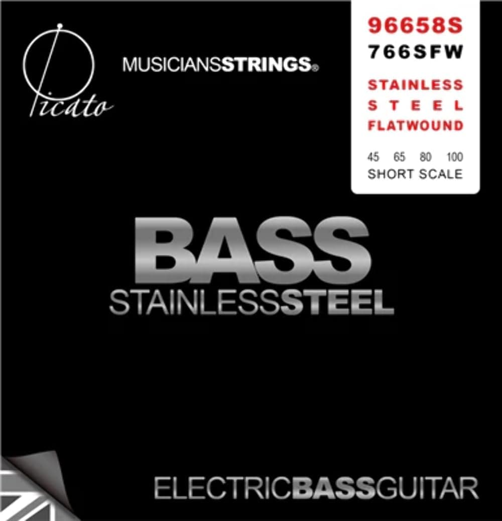 96658S 4-String Stainless Steel Flat Wound 45-100 Short Scale Bass Guitar Strings, Set of 4 Pieces