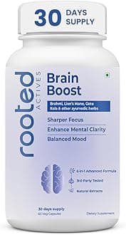 Rooted Actives Brain Boost supplement for Focus, Memory, Brain wellness | 60 Veg Caps of 500 mg each. Lions Mane mushroom with brain boosting herbs
