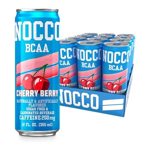 NOCCO BCAA Energy Drink Cherry Berry - 12 Fl Oz (Pack of 12) - 200mg of Caffeine, Sugar Free Energy Drinks - Carbonated & Low Calorie, BCAAs, Vitamin B6, B12, & Biotin - Grab & Go Performance Drink
