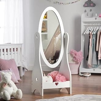 Haus Projekt Kids Mirror White (Age 3-13yrs), Princess Girls Full Length Mirrors, 105L x 41W Wooden Childs Dressing Mirror with Storage Shelf, Hand Made Kids Bedroom Furniture Gifts