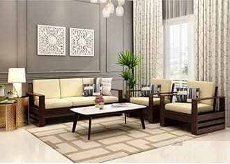 Wood Sofa Set 5 Seater Furniture Wooden 5 Seater Sofa Set 3+1+1 Teak Wood Sofa Set Furniture|Home Living Room|Without Pillow|Cream Cushions|Warm Chestnut Finish