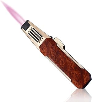 JOBON Solar Beam Torch Adjustable Lockable Firepower Butane Refillable Jet Flame Lighter for Baking Kitchen Grill BBQ Camping (Gas Not Included) (Pink Frame-Brown and Gold)