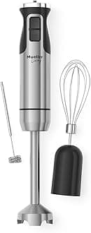 MuellerLiving Ultra-Stick Immersion Hand Blender, 500W Heavy Duty Motor, 8-Speed Turbo Setting, Includes Blending Shaft, Whisk, Milk Frother & Measuring Beaker