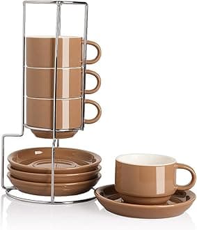 SweejarPorcelain Espresso Cups with Saucers, 4 Ounce Stackable Cappuccino Cups with Metal Stand for Coffee Drinks, Latte, Tea - Set of 4 (Brown)