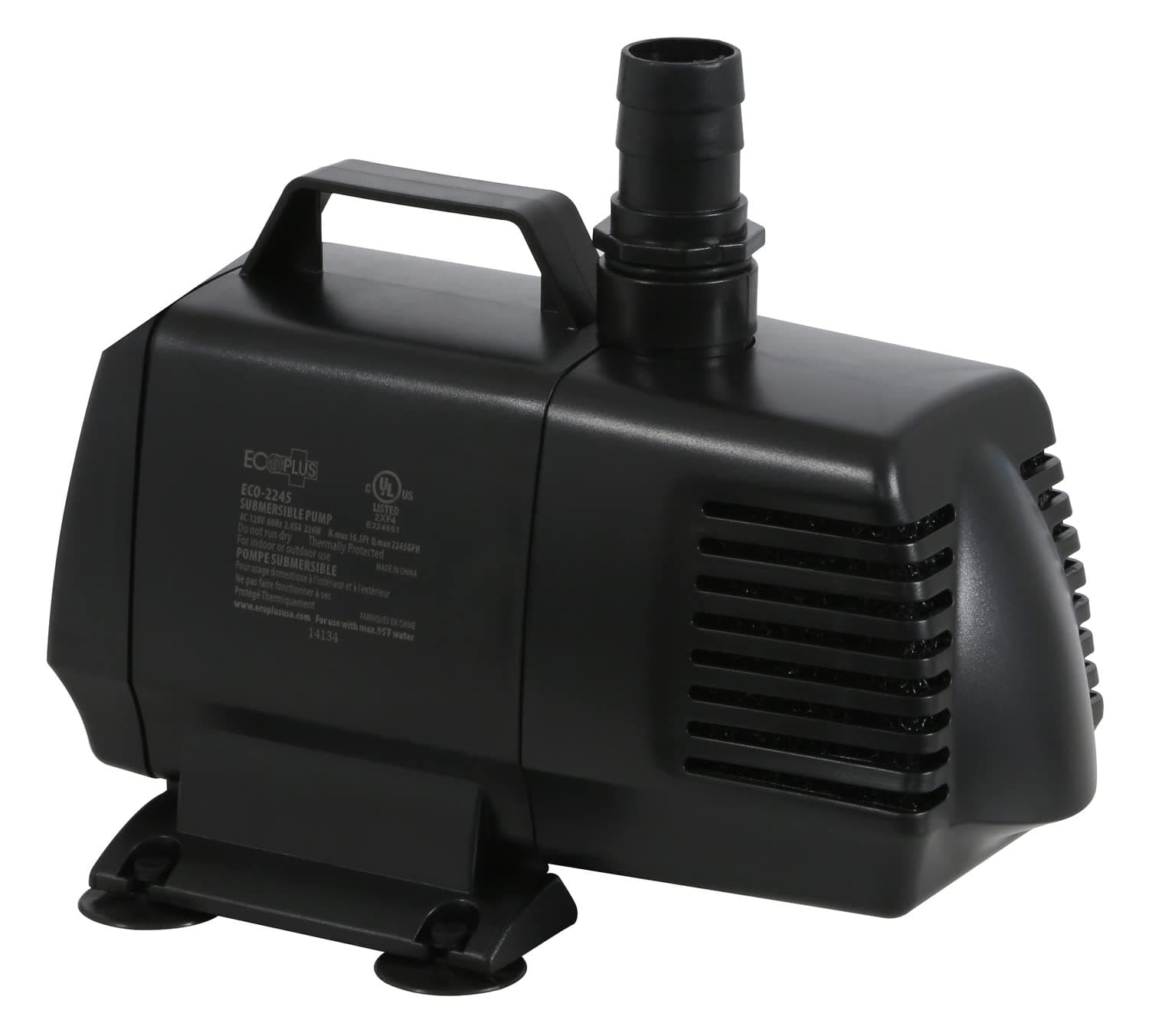 EcoPlusEco 2245 Water Pump Fixed Flow Submersible Or Inline For Aquariums, Ponds, Fountains & Hydroponics - UL Listed, 2166 GPH, Black