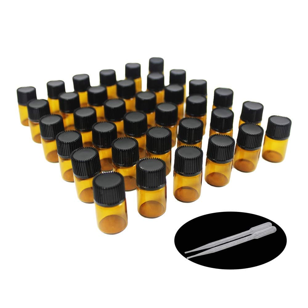 Yizhao Essential Oil 2ml Amber Sample Glass Bottle, Samll Sample Glass Vials Empty for Essential oil Diffuser,Massage,Beauty Oil Mix,Lab bottle with [Orifice Reducers]– 36 Pcs