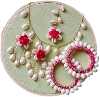CIYA PLUS Cowrie Shell and Artificial Floral Necklac, Maang Tika and Earrings with Bangles (2.5 inches) for Women & Girls.