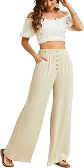 SVALIY Women Flowy Pants Cotton Linen Wide Leg Palazzo Pants Long Lounge Slacks High Waist Button Trousers Pocket