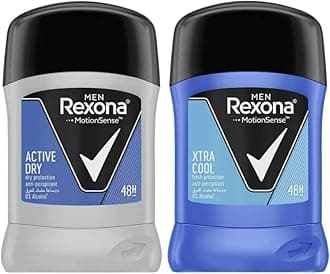 for Men Antiperspirant Deodorant Stick, 48 Hour Sweat and Odor Protection, Active Dry, 40g + REXONA for Men Antiperspirant Deodorant Stick, 48 Hour Sweat and Odor Protection, Xtra Cool, 40g