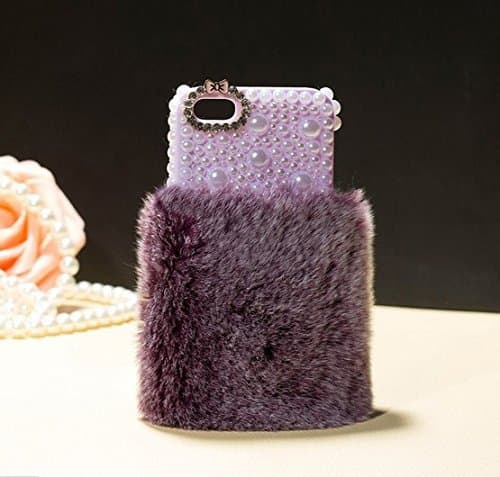 iPhone 6 Case, 4.7" Bling Crystal Fluffy Cover [Genuine Rex Rabbit Fur Case] Winter Wammer Handmade Soft Crystal Shell Caselo Bling Crystal Fur Case Creative Gift for 2014 iPhone 6 4.7" inches Display + Free gift Screen Protector (Pearl with Brown Hair)