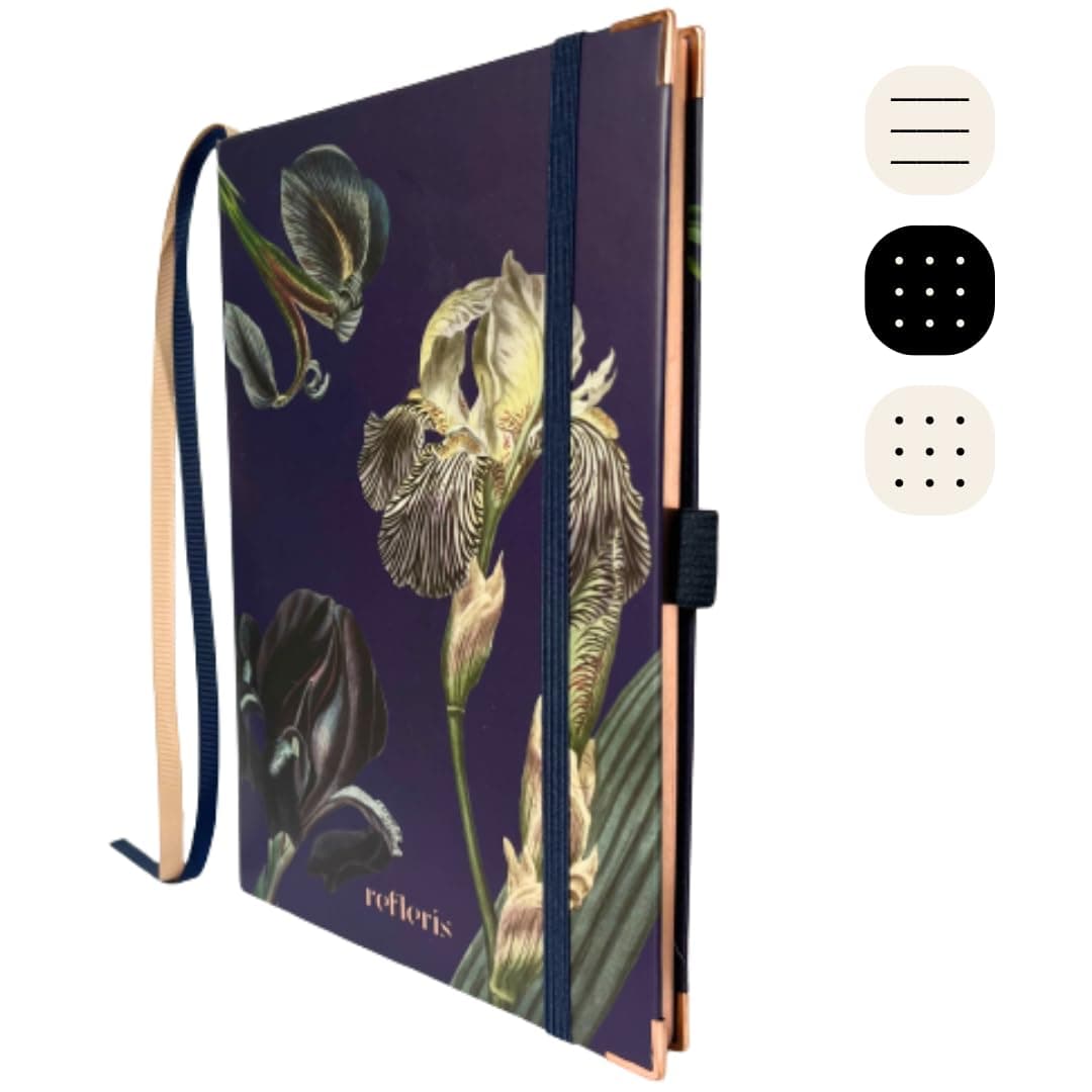 Refleris A5 Black Paper Dot Grid Journal – Bullet Notebook with Copper Edges, Pen Loop, 2 Ribbon Bookmarks, Inner Pocket (Midnight Garden)
