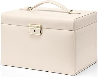 Vlando Velvet Jewelry Organizer Box for Women, Large Leather Jewelry Storage Box with Locked, Mirrored, 3 Drawer for Watch Necklace Ring Earring Storage, Gift for Girl Women and Mom - Apricot White