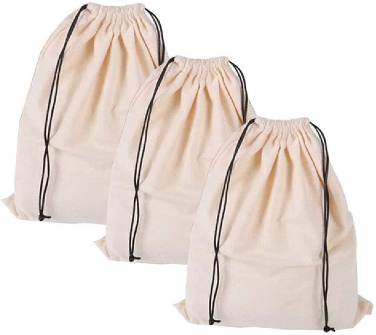 Set of 3 Cotton Breathable Dust-Proof Drawstring Storage Pouch Multi-Functional Bag (Beige, Pack 3 S)