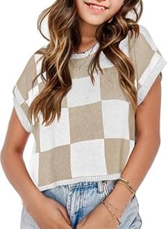 Girls Spring Crop Tops 2026 Summer Sweaters Cute Cap Sleeve Colorblock Loose Teen Top School Picture Outfits