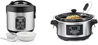 Digital Programmable Rice Cooker & Food Steamer & Portable 6 Quart Set & Forget Digital Programmable Slow Cooker Lock, Dishwasher Safe Crock & Lid, Temperature Probe, Stainless Steel