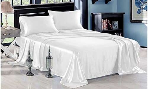 100% Pure Silk Satin Sheet Set 4pcs, Silk Fitted Sheet 15'' Deep Pocket,Silk Flat Sheet & Pillowcases Set !!! King, White