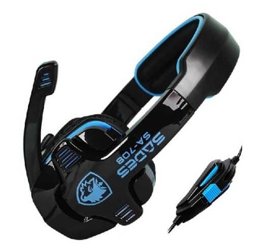 New Stereo Headset Headband PC Notebook Pro Gaming Headset with Mic & Remoter(for Volume and mic), Over-Ear Headset (Black+Blue)