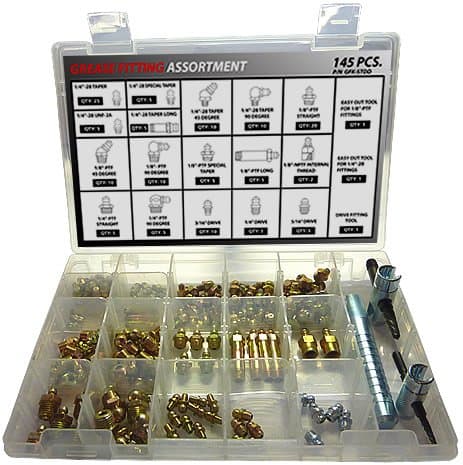 Deluxe Grease Fitting Kit - 145 Piece SAE Assortment with (3) Tools. Kit Includes Parts Below: