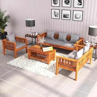 Sheesham Wood 6 Seater Low Height Sofa Set with Coffee Table for Living Room Wooden Sofa Set for Living Room Furniture | Grey Cushion (3+2+1, Honey Finish)