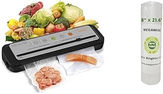 2023 Updated Vacuum Sealer Machine, MEGAWISE Food Sealer w/Starter Kit, Dry & Moist Food Modes, Compact Design with 10 Vacuum Bags & Bulit-in Cutter(Grey) & Vacuum Sealer Bags (8''x 21.6')