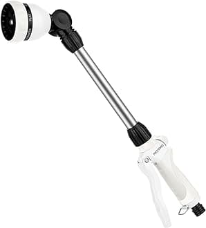RESTMO 48cm Watering Lance, Long Metal Spray Lance | 180° Adjustable Ratcheting Head | 7 Spray Patterns Extension Hose Wand, Perfect Garden Sprayer Gun to Water Hanging Baskets, Shrubs, White