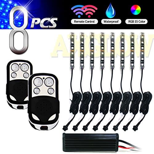 AXGLOW Motorcycle LED Accent Neon Underglow Light Kit with 2 PCS Wireless Remote Controlled 8 Multi-Color LED Black Strips for Cruisers or Street-Sport
