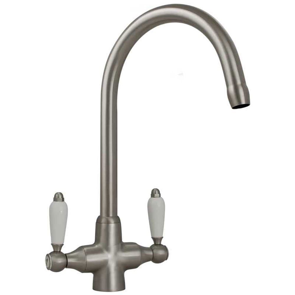 Colonial Brushed Steel & White Ceramic Handle Kitchen Sink Mixer Tap