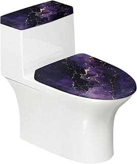 Black Purple Marble Toilet Lid & Tank Covers Set 2 Pieces for Bathroom Round Lids Stretchable Fabric Elastic Bottom Home Decor