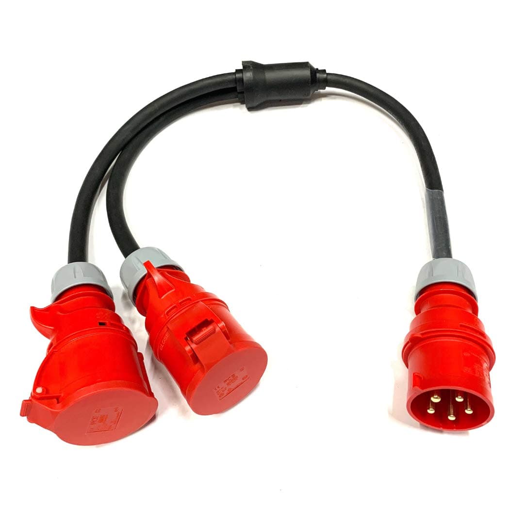 32 Amp 415V 5 Pin 3 Phase 2 Way 32A Sockets Soft Y Splitter Adaptor IP44 - PCE Red Commando Ceeform - H07RN-F Heavy Duty Rubber Cable
