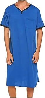 Generic Nightgown for Men Short Sleeve V Neck Nightshirt Loose Fit Solid Color Sleep Shirts Comfy Soft Lightweight Nightwear 2024 Blue, Large