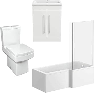 AURORA Bathroom Suite Vanity Unit Basin L Shape Bath with Square Toilet WC White RH