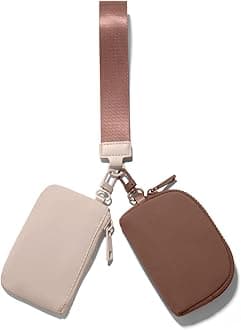 Mini Zip Around Keychain Wristlet Wallets Small Portable Dual Pounch Wristlet Detachable Coin Purse Pocket Gifts for Women Travel Sports Outdoors (Beige+Brown)