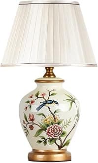 Traditional Chinoiserie Hand-Painted Flower and Bird Ceramic Table Lamp, Fabric Lampshade Bedside Nightstand Lamp for Bedroom Living Room Office College Bookcase