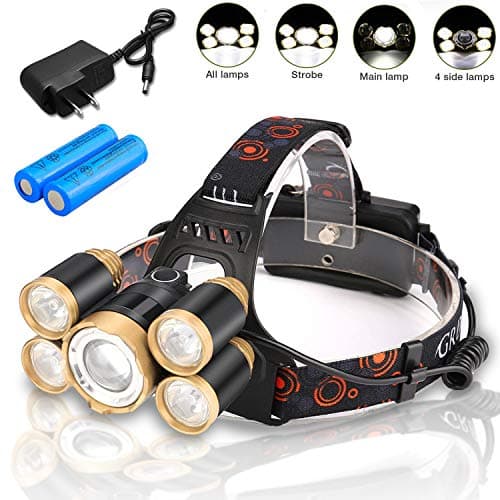 Rechargeable Headlamp Flashlight, MOCCO Waterproof Powerful 5 Led Headlight 4 Modes illumination Super-Bright Head Light Torch with Battery, Charger for Camping, Working, Emergency