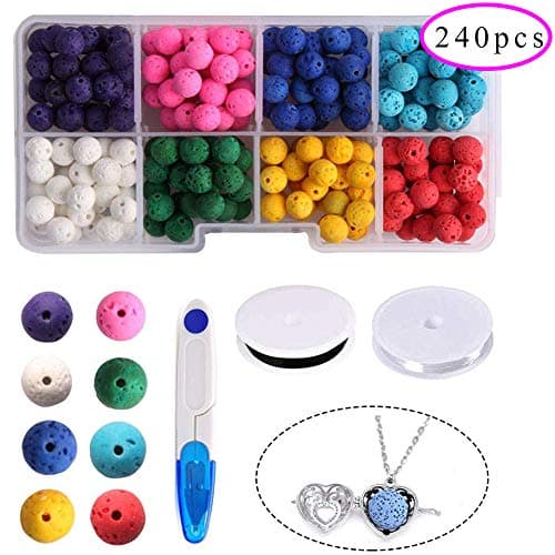 Dushi 240 pcs Colored Lava Stones Diffuser Rock Beads Loose Colored Lava Beads Kits Essential Oil Beads Bulk with 2 Roll Crystal String & 1 Scissor for Jewelry Making 8 Colors (Colored Lava Beads)