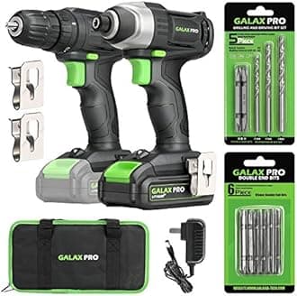 GALAX PRO Cordless Drill Driver/Impact Driver with 1pcs 1.3Ah Lithium-Ion Batteries, Charger Kit, 11pcs Accessories and Tool Bag