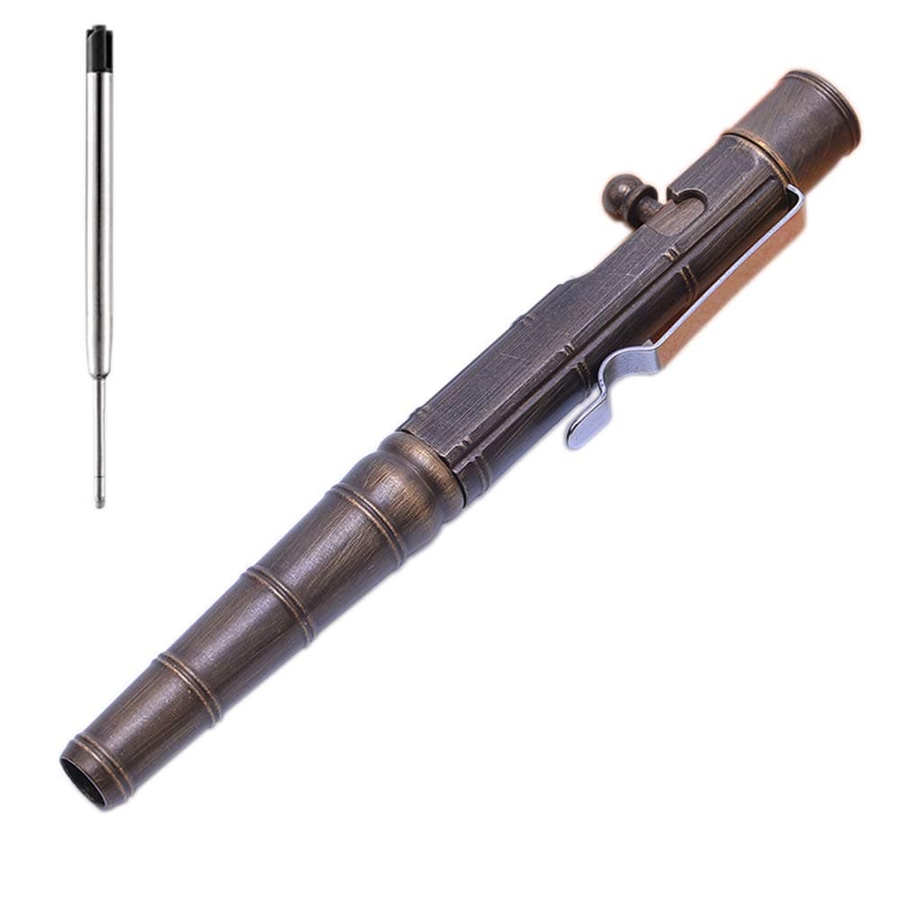 Bamboo Shaped Solid Brass Pen, Bolt Action EDC Pocket Signature Ballpoint Pen(Retro Black)