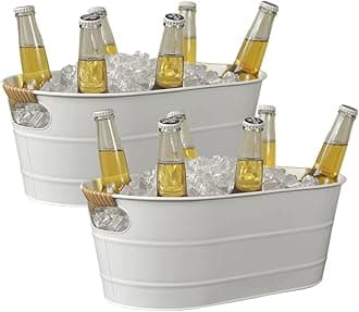 Ice Bucket Galvanized Tub, 2 Pcs 3 Gallon Oval Beverage Tub, Drink Cooler Ice Buckets for Parties, Metal Bucket with Rattan Handle for Beer Whiskey Wine and Cocktails (White)