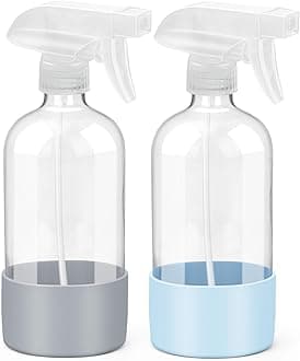 Glass Spray Bottle with Silicone Sleeve Protection, Empty Clear Bottle Set for Non-toxic Window Cleaners Aromatherapy Facial Hydration Watering Flowers Hair Care (2 Pack/16 oz)