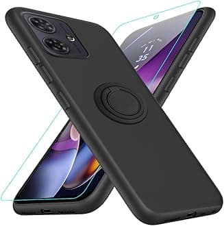 Compatible for Motorola Moto G54 5G Phone Case with Glass Screen Protector, 360° Rotatable Ring Holder Kickstand/Stand Silicone TPU Protective Cover Case for Motorola Moto G54 5G XT-2343-1 - Black