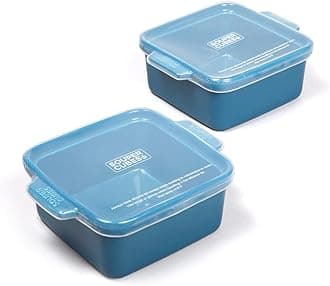 Stoneware - 5" x 5" Small Square Ceramic Baking Dishes Set with Silicone Covers - Small Casserole Dishes for Oven - Kitchen and Bakeware Essentials - Set of 2 - Blueberry