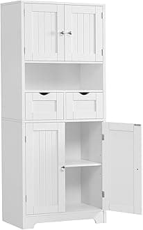 Iwell Tall Storage Cabinet, Bathroom Cabinet with Adjustable Shelf & 2 Drawers, Linen Cabinet, Floor Cabinet for Living Room, Entryway, Home Office, White
