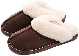 MisolinWomens Slipper Memory Foam Fluffy Slip-on House Suede Fur Lined/Anti-Skid Sole, Indoor & Outdoor