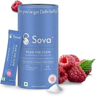 Sova Plug The Flow for Men & Women | IBS Relief | Prevent Loose Stools, Diarrhea, Upset Stomach | Clinically Researched Prebiotics, Probiotics & Digestive Enzymes | 5 Billion CFUs | 15 Vegan Sachets