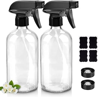 Glass Spray Bottles, 16oz Clear Glass Spray Bottles with Labels & Adjustable Nozzle, Reusable Containers for Cleaning Solutions, BBQ, Food, Plants, Alcohol, Essential Oils(2 Pack)
