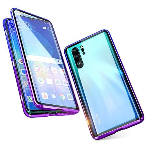Case for Huawei P30 Pro Cover Magnetic Adsorption Tech Front Back Tempered Glass Powerful Magnets Built-in Frame 360 Degree Protection Shockproof Metal Flip Cover, Blue Purple