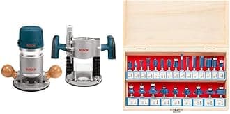 Bosch 1617EVSPK Wood Router Tool Combo Kit & Fixed Base Router Kit with a Variable Speed 12 Amp Motor & Hiltex 10108 Tungsten Carbide Router Bit Set, 24 Piece | 1/4-Inch Shank, Blue